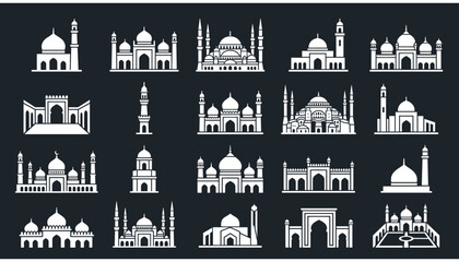 Set of mosque icons, islamic architecture, religious building silhouettes, vector illustration of muslim prayer houses with domes and minarets © Mahfuj