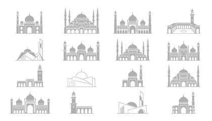 Set of mosque icons, islamic architecture symbols, vector illustration of various mosque buildings with domes and minarets © Mahfuj