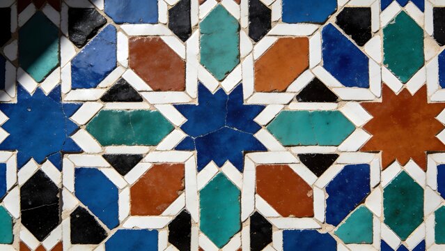 Handcrafted Moroccan zellige mosaic tile pattern in vibrant colors. Traditional geometric ceramic art for luxury interior design and architectural...
