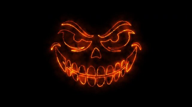 Animated fire pumpkin face on black background for halloween celebration cinematic footage.