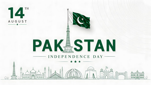 Celebrate Pakistan Independence Day (14 August) with this elegant luxury greeting card featuring a sparkling emerald green and gold crescent moon, decorative hanging ornaments with crescent and star

