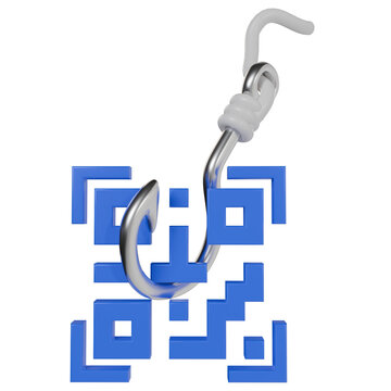 QR Code Phishing Concept with Metal Fish Hook, 3D Render Illustration of Cyber Security Threat and Quishing Attack, Digital Fraud and Data Theft Graphic