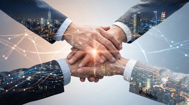Business team hands stacked together in unity gesture with double exposure city skyline and digital network overlay representing corporate partnership, teamwork success and stra...