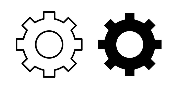 Settings icon in outline and solid style, isolated on white background. Ideal for configuration, control panel, preferences, and system customization related features in mobile and web design.