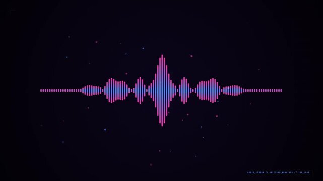 Abstract Audio Waveform Visualization on Dark Background with Glowing Particles.