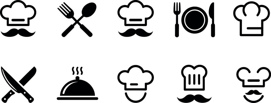 Vector icon set of chef hats mustaches and kitchen utensils like forks knives spoons and cloches for restaurant logos.