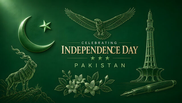 Celebrate Pakistan Independence Day (14 August) with this elegant luxury greeting card featuring a sparkling emerald green and gold crescent moon, decorative hanging ornaments with crescent and star

