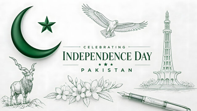 Celebrate Pakistan Independence Day (14 August) with this elegant luxury greeting card featuring a sparkling emerald green and gold crescent moon, decorative hanging ornaments with crescent and star


