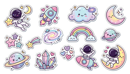 Set of cute space stickers with astronaut, rocket, planet, rainbow, and stars © Mahfuj