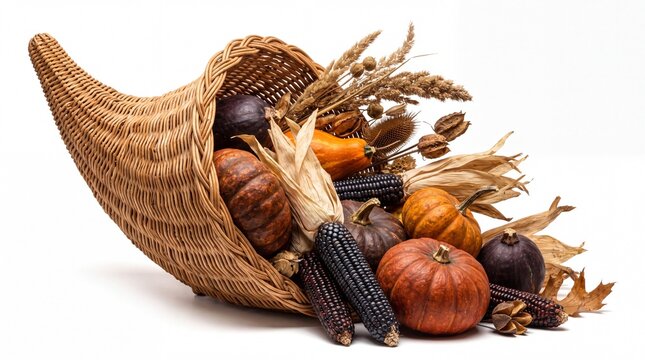 Wicker cornucopia filled with pumpkins gourds and dried botanicals still life on white background