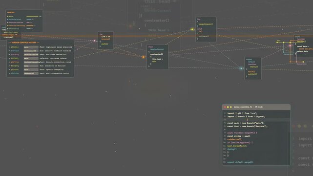 Abstract digital network of floating code blocks and data connections on dark gray background