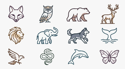 Professional Minimalist Line Drawing Animal and Nature Icons Set Fox Owl Bear Deer Lion Elephant Husky Whale Tail Bird Snake Dolphin Butterfly © riko