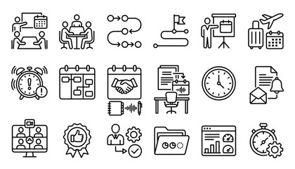 Fototapeta premium Set of business icons, including meeting, planning, schedule, deadline, teamwork, and management symbols