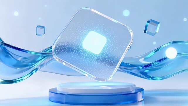Blue glowing glass cube on pedestal