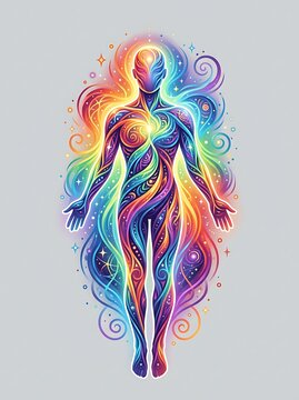 Human silhouette with vibrant chakra energy and rainbow swirls