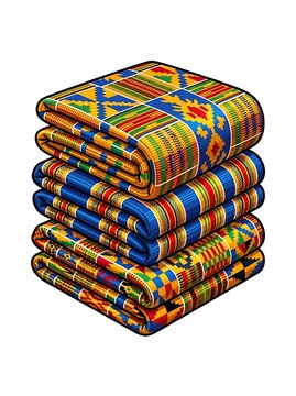 Folded traditional kente cloth with vibrant geometric patterns