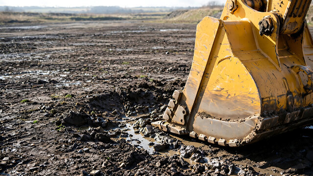 Yellow Excavator Bucket Resting on Muddy Ground at a Construction Site for Earthmoving Work