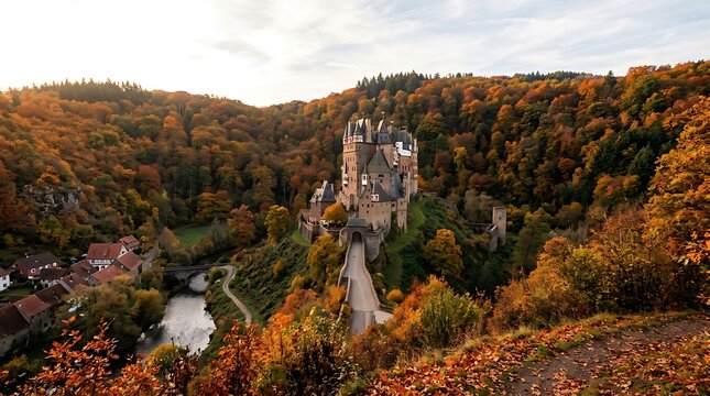 Majestic medieval castle nestled amidst a vibrant autumn forest, showcasing historical architecture and natural beauty at sunset