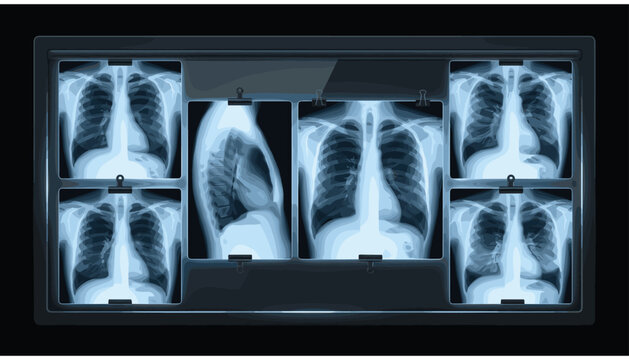Set of chest xray images on a medical light box, including frontal and lateral views of the human thorax for diagnostic radiology examination