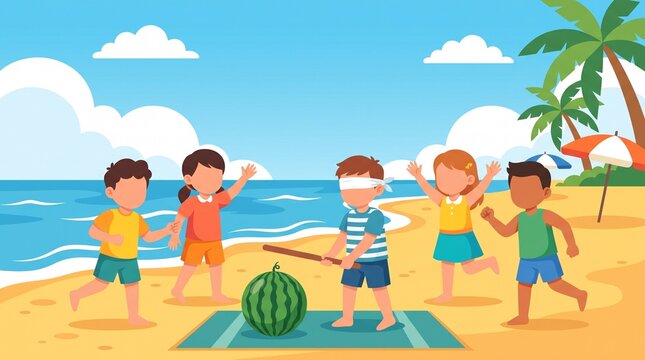 Children playing suikawari watermelon splitting flat illustration japanese beach summer game