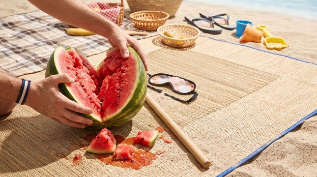 Hands opening cracked watermelon with red flesh overhead japanese summer beach game photo