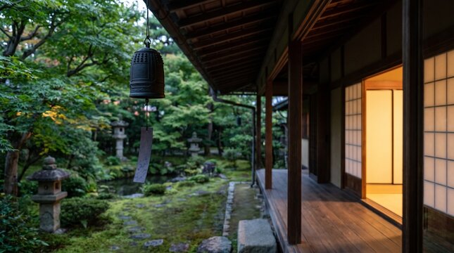 Furin wind chime at engawa porch dusk quiet japanese summer evening nostalgic photo with copy space