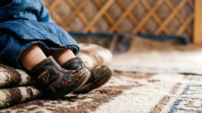 Traditional embroidered leather boots on a child in a nomadic yurt