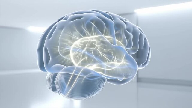 Glowing human brain model with active neural pathways in a futuristic laboratory setting symbolizing intelligence and cognition