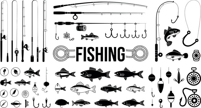 Fishing gear vector silhouettes set with rods, reels, hooks, diverse fish species, bobbers, and outdoor recreation equipment graphic design elements