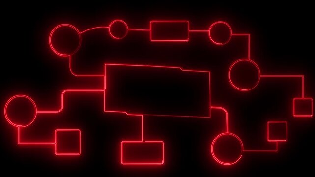 Abstract Red Neon Network Flow Diagram with Glowing Digital Nodes and Connected Lines, Futuristic Technology Structure and Data Communication