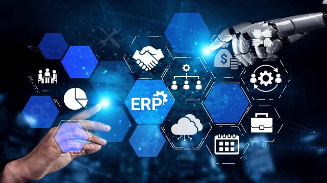 ERP icons show management, integration, and business process. ERP supports data management, ERP efficiency, and ERP organizational solutions. Funnel