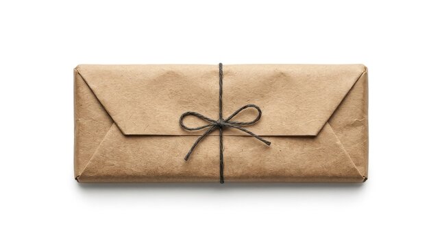 Brown kraft paper envelope with black string tie on white background