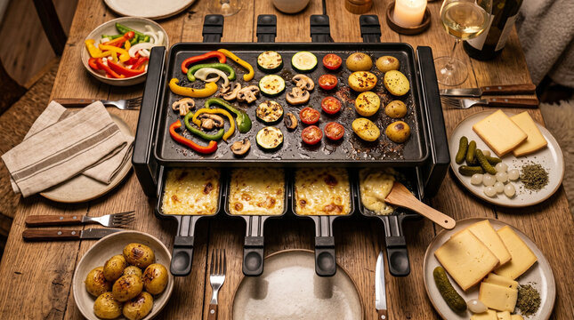 Melted raclette cheese grill and vegetables