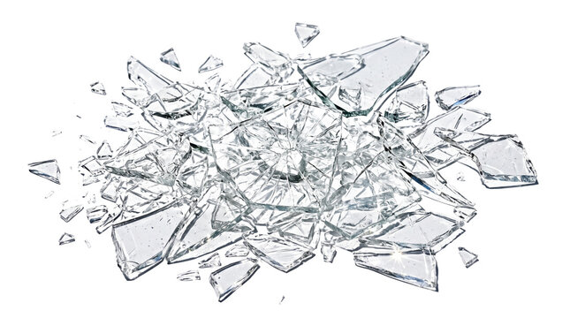 Broken glass fragments and shattered pieces isolated on transparent background, realistic reflections, premium danger effect PNG, commercial-ready.