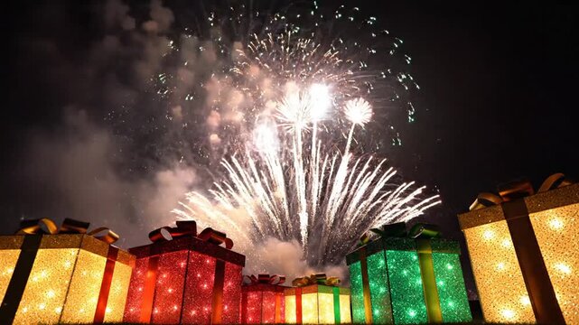 Vibrant fireworks display behind colorful illuminated gift boxes.