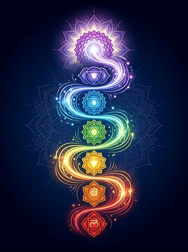 Glowing seven chakras with energy flow on dark mandala background