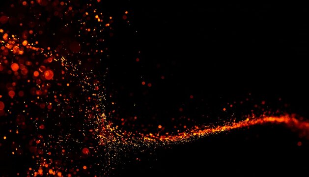 A dramatic abstract composition featuring glowing ember particles flowing across a dark background, creating a dynamic fire-inspired visual. Perfect for energy concepts, technology graphics.