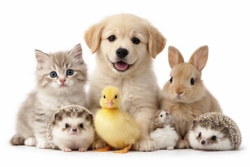 Fototapeta premium Baby animals of various types friendly together on white background, cute baby animals, cat, dog, hedgehog, duck, rabbit group picture, AI generated