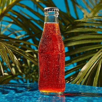 Chilled orange soda bottle with condensation on tropical palm leaf background at sunset