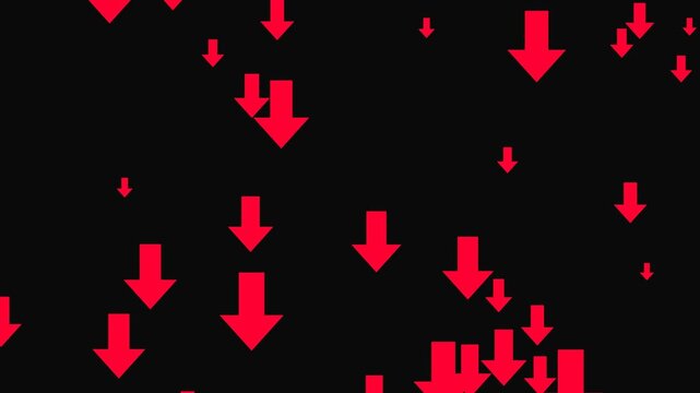 Red arrows falling downward motion graphics for economic loss and financial failure concept loop.