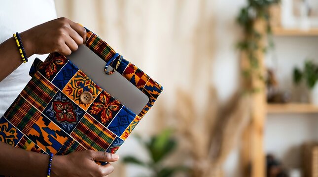 Person holding a colorful african print laptop sleeve