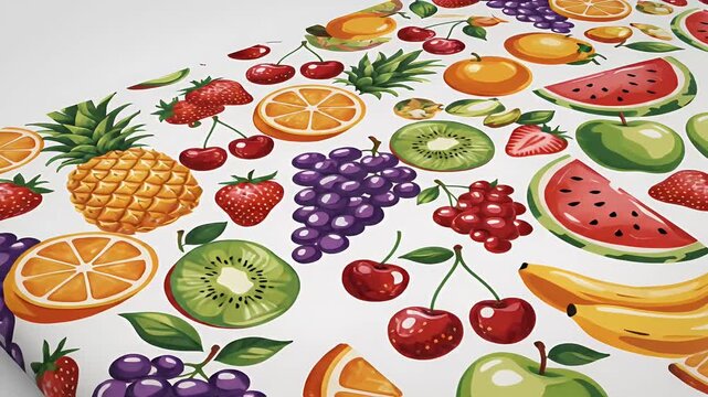 Colorful pixel art fruit pattern, fresh strawberries, oranges, pineapples, grapes, cherries, and kiwis, ideal for fabric and wallpaper