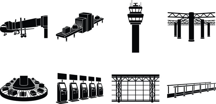 Airport terminal infrastructure black silhouette icons set featuring jet bridge baggage scanner control tower and check-in kiosks