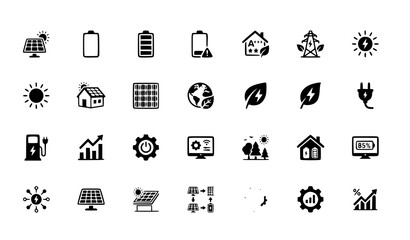Fototapeta premium Renewable energy and solar power glyph icons collection including battery house panel leaf plug and eco friendly vector symbols