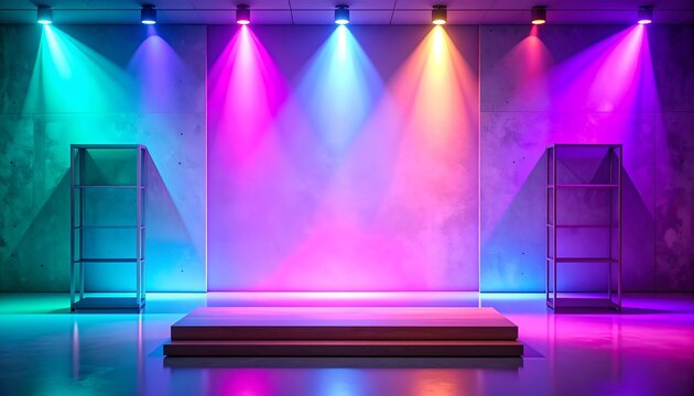 Vibrant Stage Set with Colorful Lighting and Reflective Floor