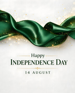 Celebrate Pakistan Independence Day (14 August) with this elegant luxury greeting card featuring a sparkling emerald green and gold crescent moon, decorative hanging ornaments with crescent and star

