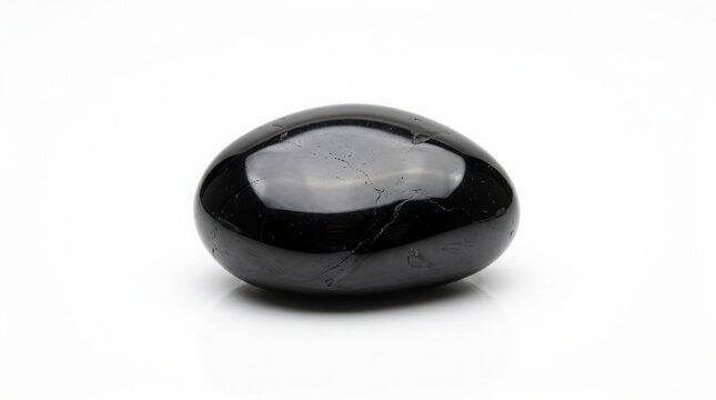 Single polished black onyx pebble isolated on white background with semi precious polished gemstone meditation spiritual grounding protection decorative collectible contrast close-up