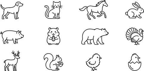 Cute animal line icon vector set featuring pet farm wild creatures domestic dog cat horse and rabbit © Md