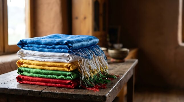 Stack of colorful traditional silk ceremonial scarves on wooden table