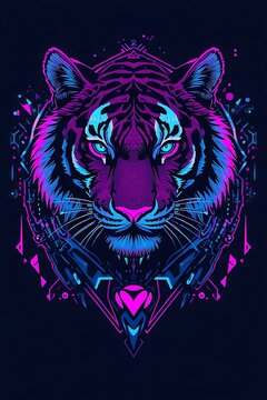 Bold cyber tiger design with electric pink and blue accents.